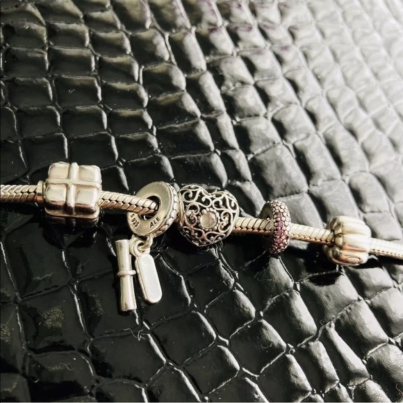 PANDORA STERLING SILVER CHARM BRACELET WITH 4 CHARMS AND 1 STOPPER - Picture 6 of 7